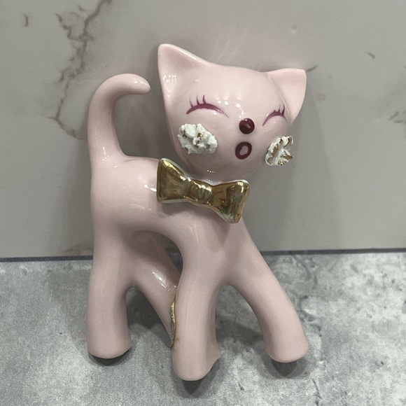 Vintage 1950’s Pink Porcelain Thames Spaghetti Cat w tag kitten gold Japan - Picture 9 of 14